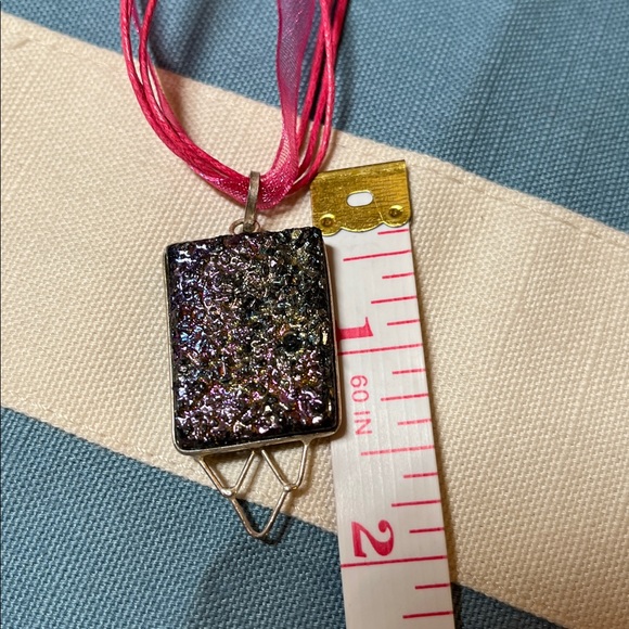 Artisan druzy style pendant on pink ribbon necklace - Picture 9 of 10